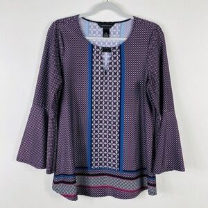 Investments Size Medium Printed Bell Sleeve Keyhole Neck Blouse Top